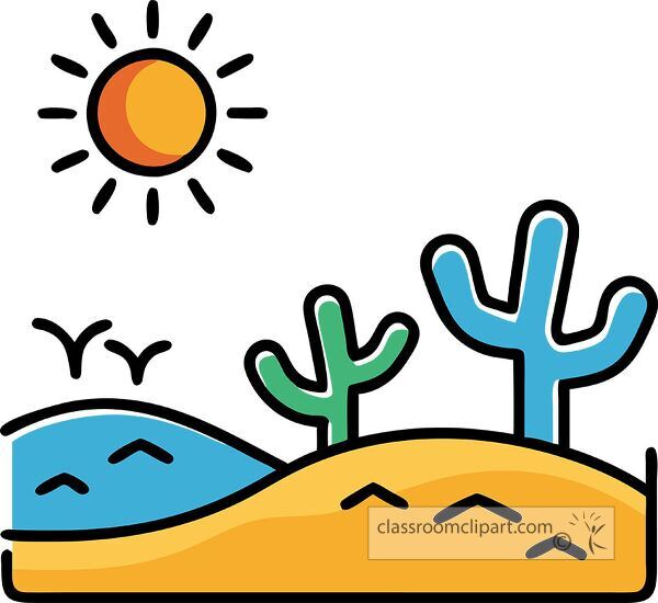 A colorful illustration of a desert landscape featuring a bright sun, cacti, and rolling sand dunes with a small body of water.