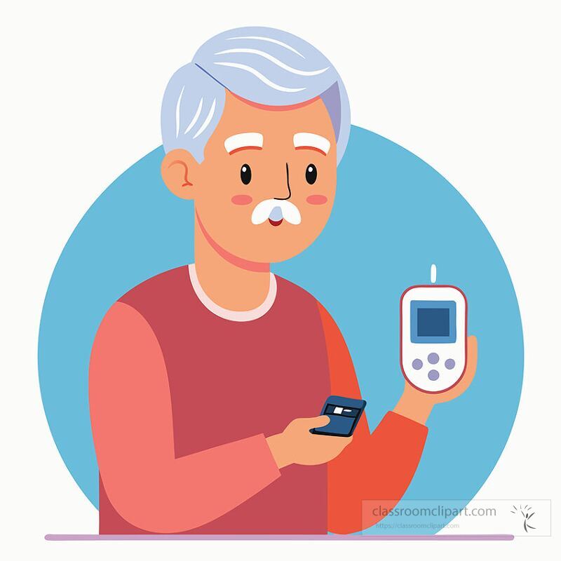 A senior man with gray hair uses a continuous glucose monitor He holds the device in one hand and checks his readings attentively demonstrating self care for diabetes management