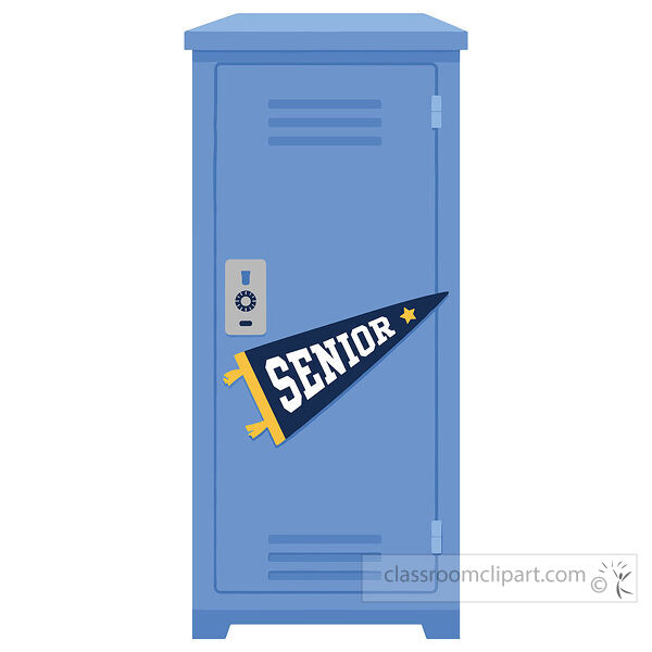 Blue school locker with a navy Senior pennant attached to the door