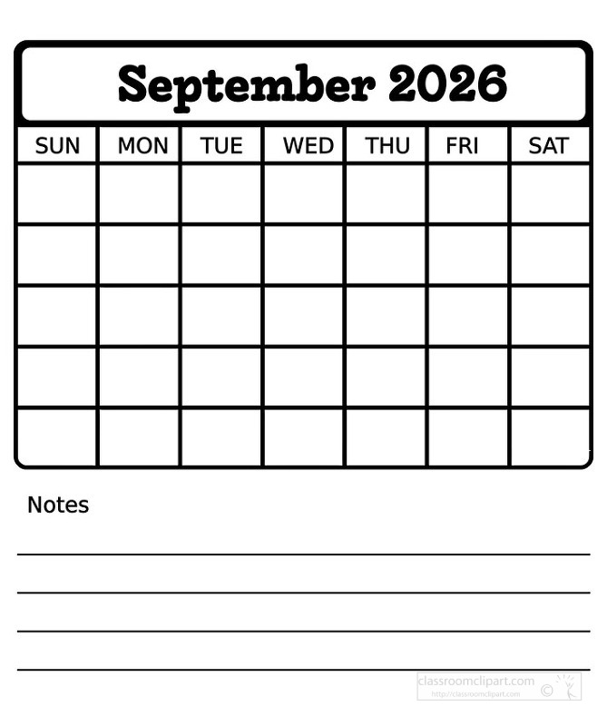 Black and white September 2026 calendar sheet that combines a clear monthly grid with lined notes at the bottom ideal for tracking events goals and important reminders