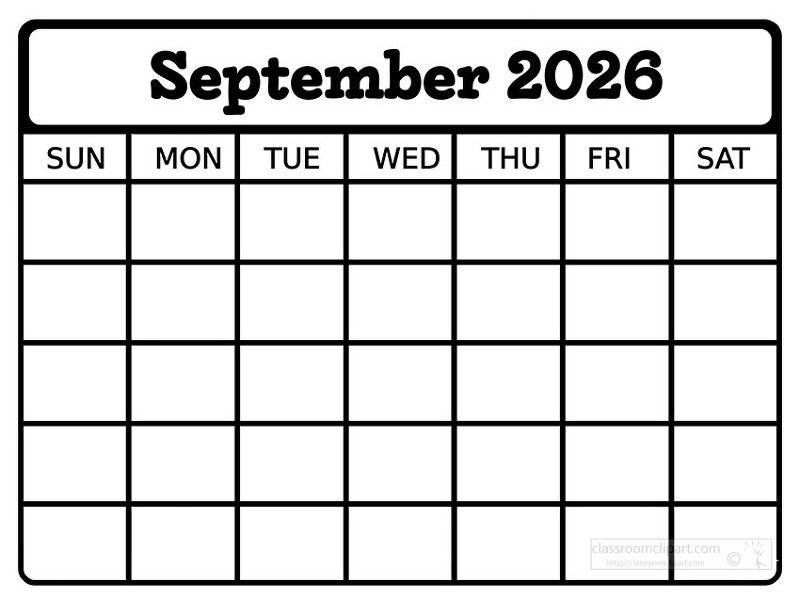 Simple black and white september 2026 calendar page featuring a clean grid layout with Sunday through Saturday