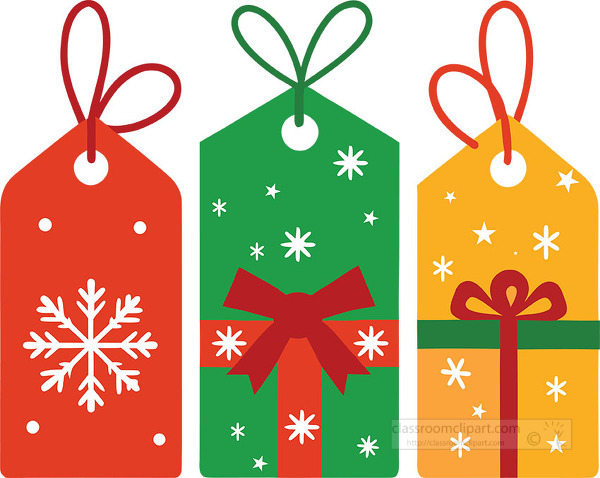 three holiday gift tags decorated with snowflakes a bow and stars for festive gift wrapping