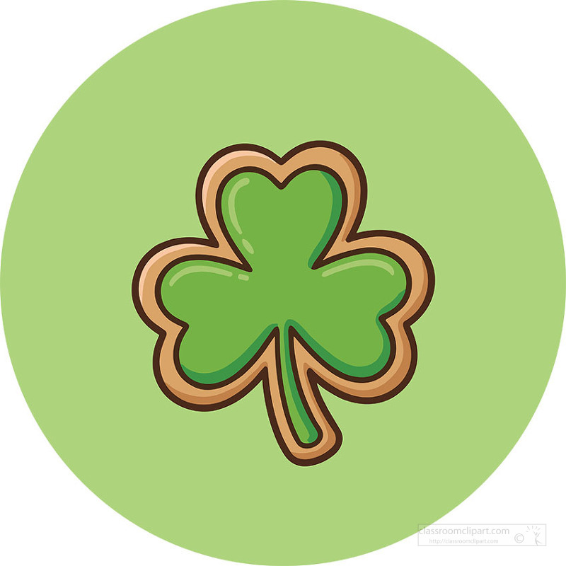 Green shamrock shaped cookie with golden brown edge on light green circle