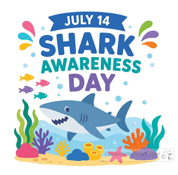 A colorful Shark Awareness Day clipart scene with a blue shark fish bubbles coral seaweed and ocean plants