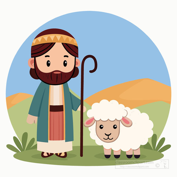 gentle shepherd holding a staff stands with a happy lamb in a hilly landscape