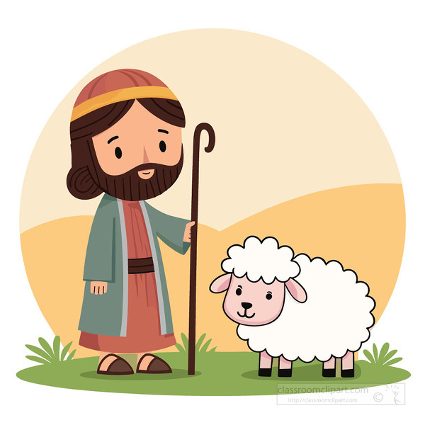 A kind shepherd with a staff stands next to a fluffy sheep in a desert landscape