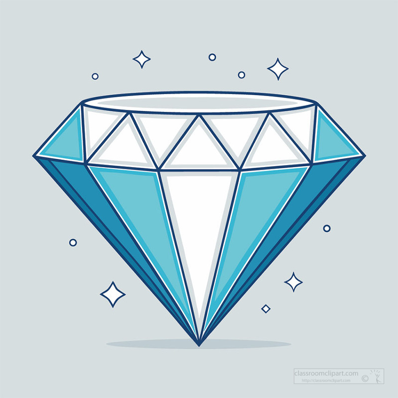 Stylized blue diamond gemstone with bright facets shines against a light background surrounded by tiny sparkling stars