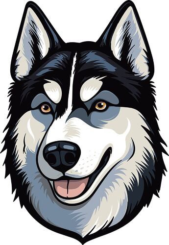 Stylized black outline of a Siberian Husky dog face showing features