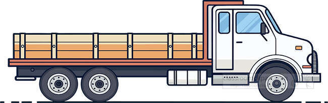 Side view flatbed truck with a white cab wooden cargo bed and detailed wheels for transport themes