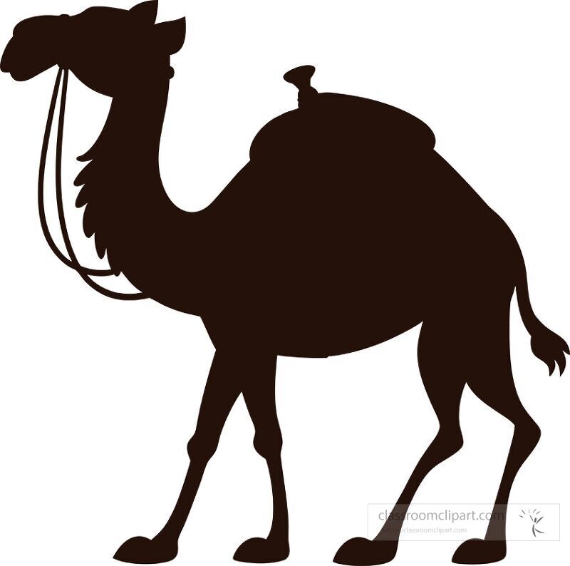 A one hump camel stands in profile adorned with a bridle and saddle The silhouette captures the essence of desert travel representing transportation across arid landscapes