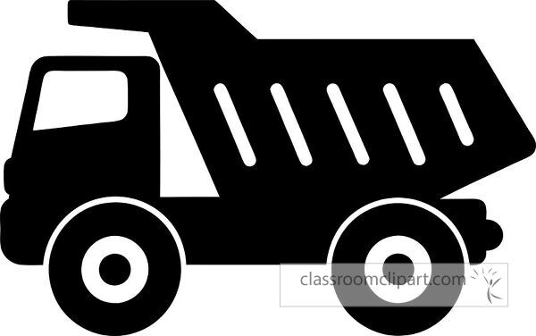 A black silhouette of a dump truck with a raised bed, showcasing its side profile