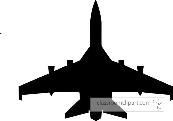 A silhouette of a military jet aircraft viewed from above, showcasing its wings and tail structure.