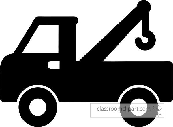 A silhouette of a tow truck with a hook and crane