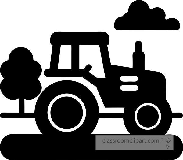 A simple black silhouette of a tractor with a tree