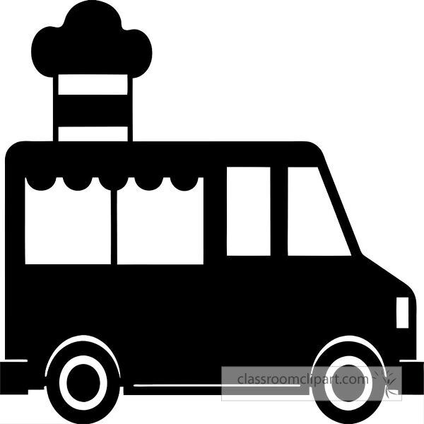 A silhouette of an ice cream truck with a large ice cream cone on top