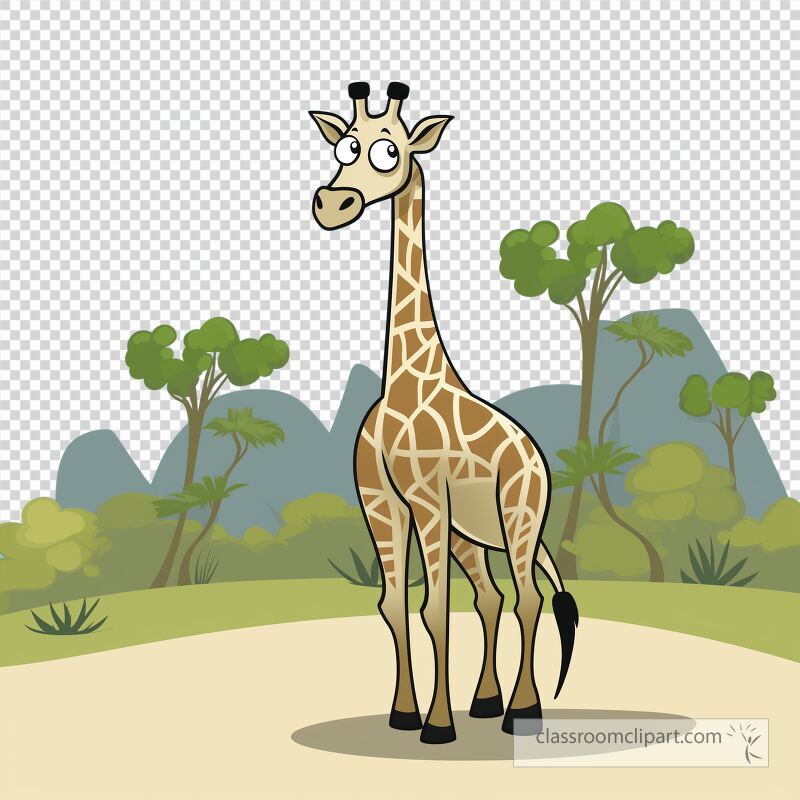 A cartoon giraffe stands playfully in a nature setting The background features trees and mountains creating a lively atmosphere typical of a zoo