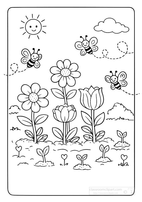 Simple garden scene with flowers and bees designed for relaxing coloring and teaching nature awareness