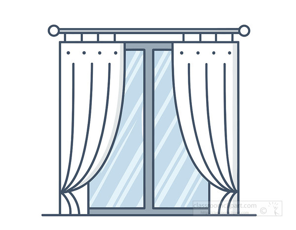 Clean flat vector illustration of a modern window with white curtains tied to the sides and blue glass panels