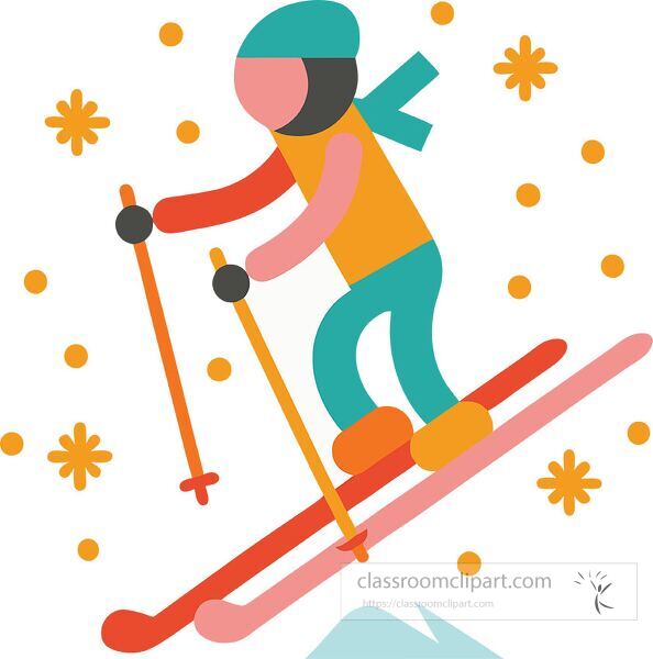 Minimalist clip art shows a skier navigating snowy slopes