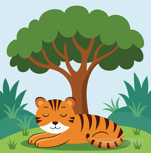 Cute baby tiger sleeping under a large tree