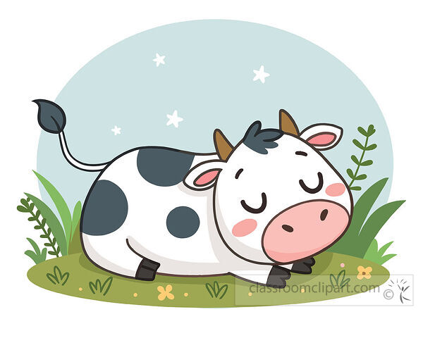 A black and white cow with horns is sleeping on grass with closed eyes pink cheeks and green plants