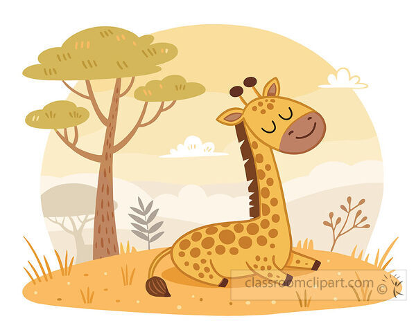 A giraffe is sleeping while sitting on grass with trees clouds and a warm yellow savanna background
