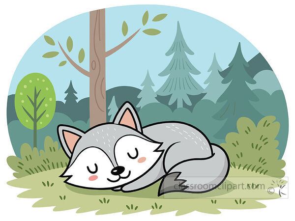 Sleeping gray fox clipart shows a curled fox resting on grass in a peaceful forest scene with trees and bushes