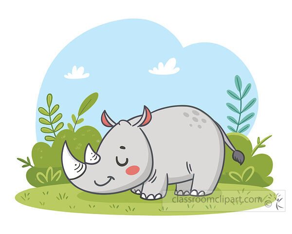 Sleeping rhinoceros clipart showing a gray rhino with closed eyes standing on grass with green plants
