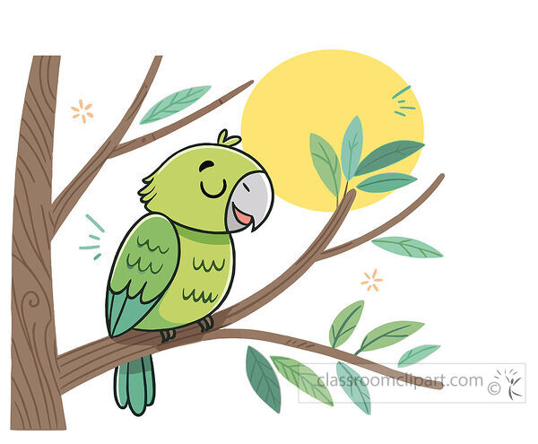 Sleeping parrot bird perched on a tree branch near leaves flowers and a yellow sun clipart
