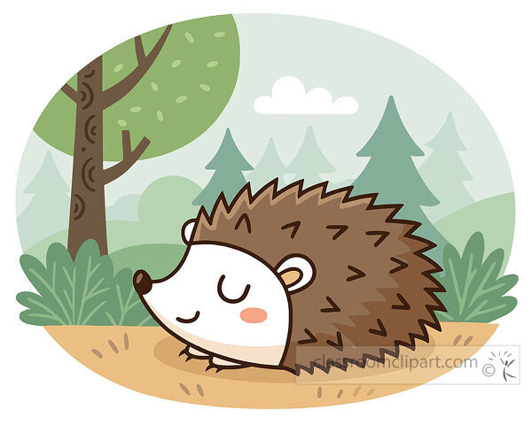 Sleeping hedgehog with brown spines and closed eyes in a green forest scene