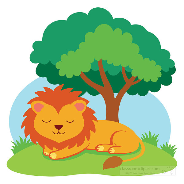 Cute baby lion sleeping under a green tree on grass