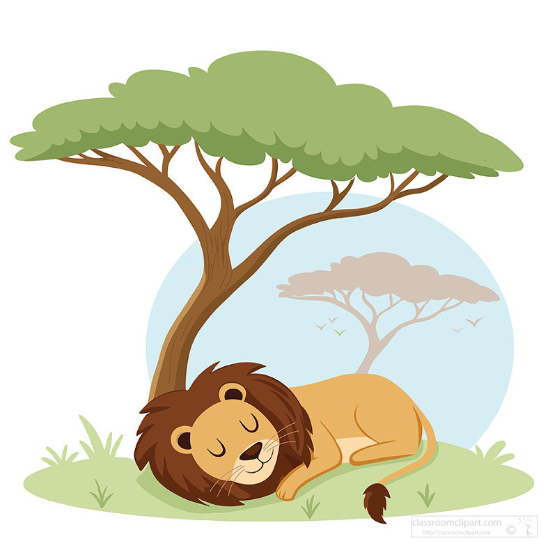 Peaceful lion resting under tree in soft children friendly illustration style
