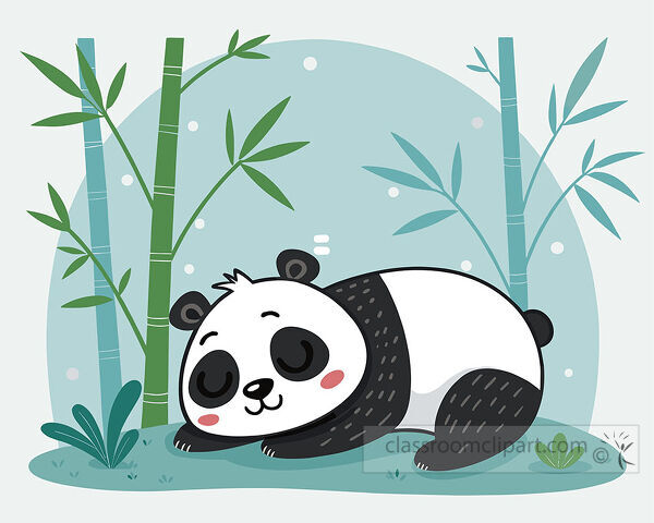 Sleeping panda clipart showing a black and white panda resting near bamboo stalks leaves and grass