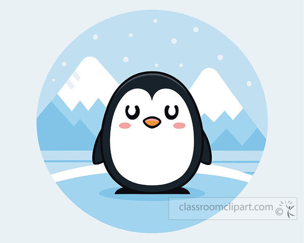 Sleeping penguin clipart with a black and white penguin standing in snow before icy blue mountains