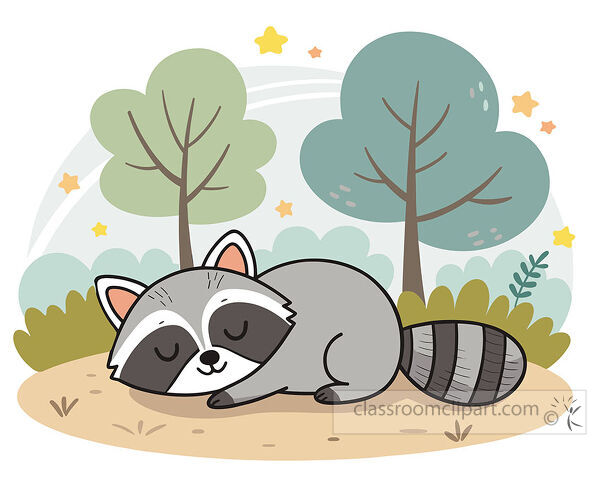 Gray raccoon sleeping on the ground in a forest with trees stars and bushes behind it