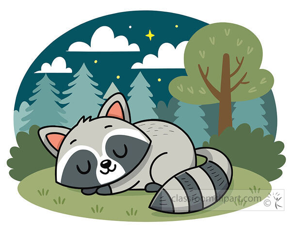 Gray raccoon sleeping in a nighttime forest with trees clouds and small yellow stars
