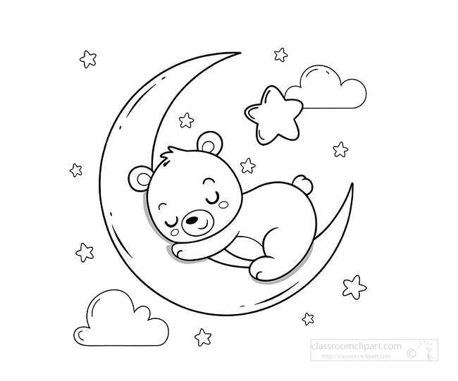 Adorable sleeping teddy bear on a crescent moon with stars and clouds in a simple outline coloring page style