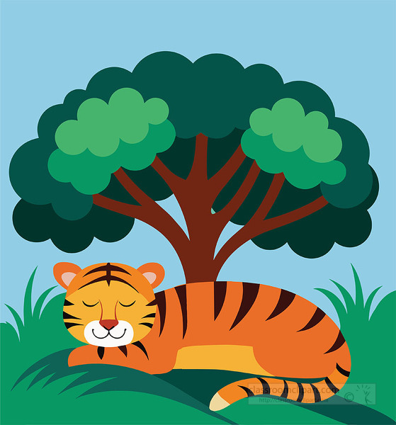 calm tiger sleeps on grass beneath a leafy tree