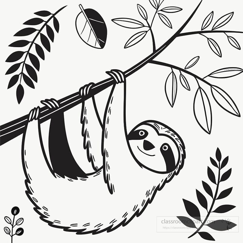 A playful sloth is suspended from a branch surrounded by leaves The black outline art showcases the sloths relaxed demeanor and natural setting perfect for various creative projects