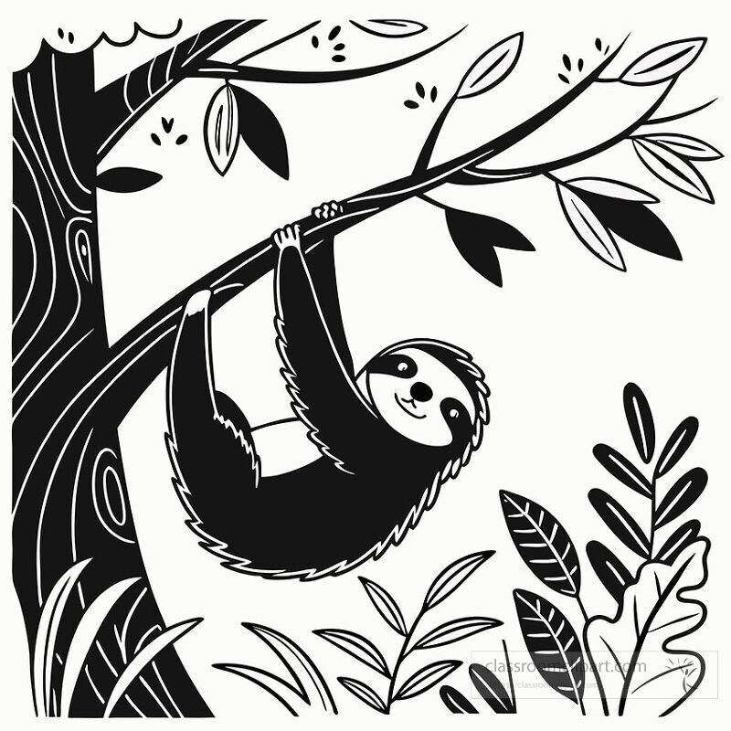 A sloth is depicted hanging upside down from a tree branch surrounded by lush leaves The black outline style emphasizes the sloths playful nature in a lively forest setting