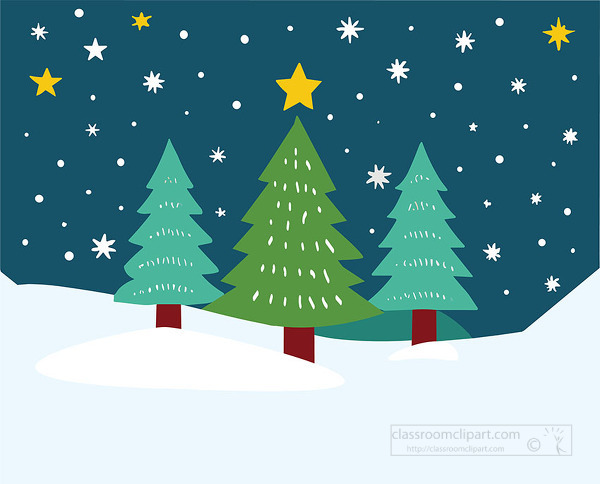 Tiny snowy night landscape with three decorated christmas trees under stars and falling snow