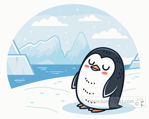Small penguin clipart with one eye closed standing on snow near icy water mountains and falling snow