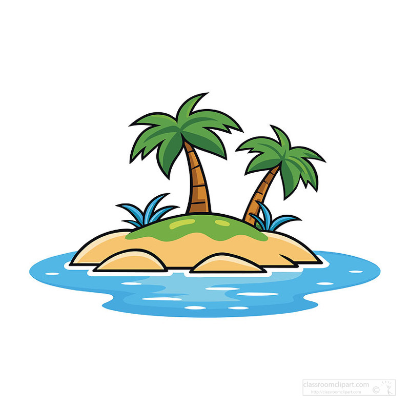 Cartoon tropical island with three palm trees and blue water around the sand