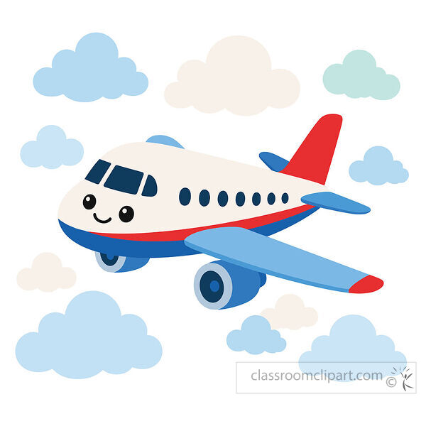 A smiling white airplane cartoon with red and blue details flies through soft blue and cream clouds
