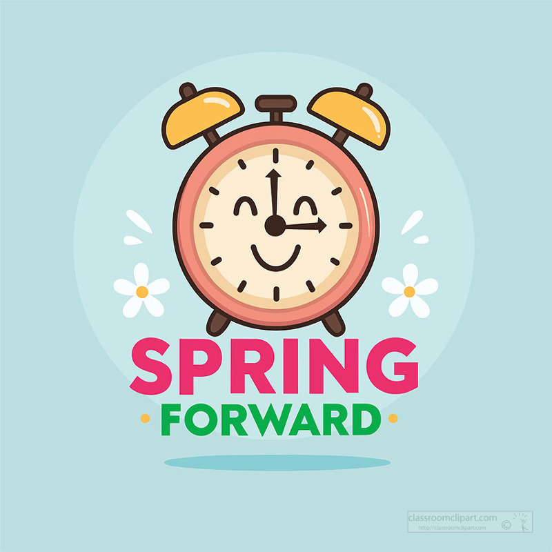 Happy alarm clock with spring forward message and decorative flowers
