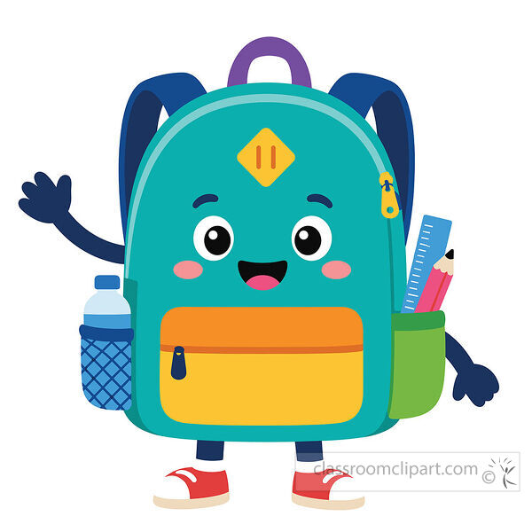 A smiling backpack holds a water bottle ruler and pencil with a yellow front pocket and red shoes