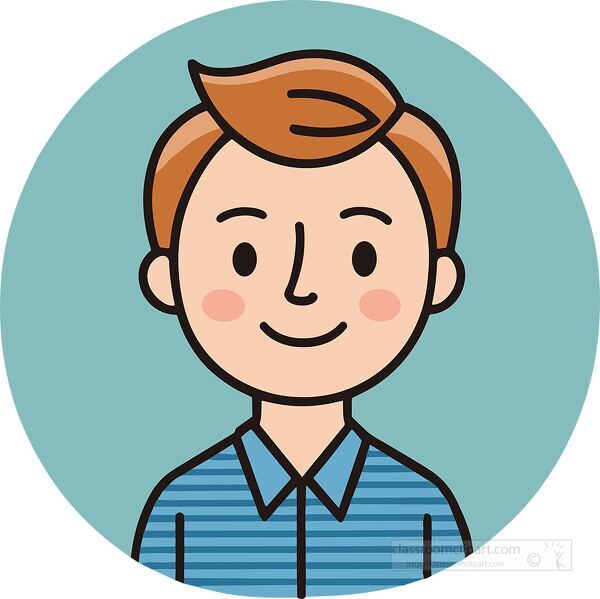 simple flat style illustration of a smiling boy with short brown hair wearing a blue striped shirt perfect for profiles and icons