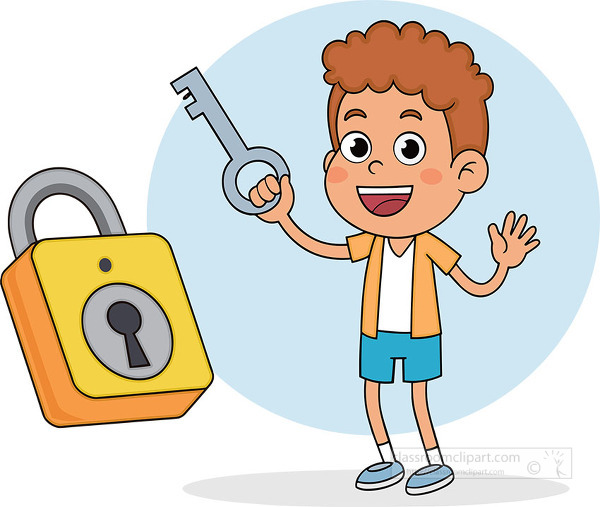 Playful illustration of a cheerful boy in shorts holding a large key beside a yellow padlock symbolizing security access and problem solving