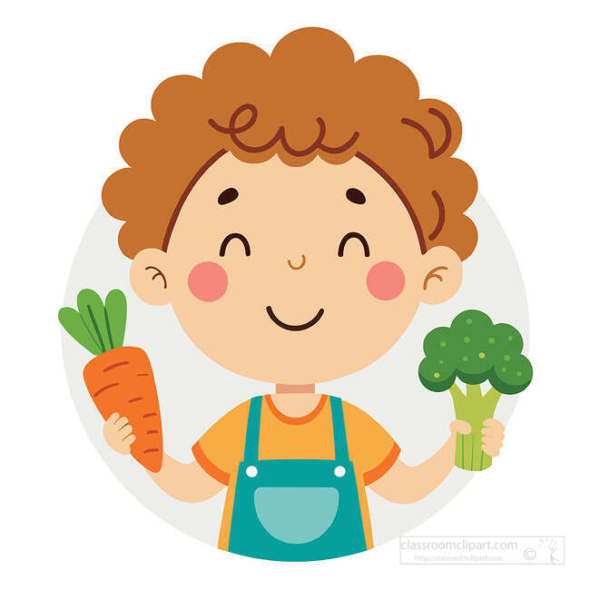 Smiling curly haired boy in teal overalls holding a carrot and broccoli against a pale circle background
