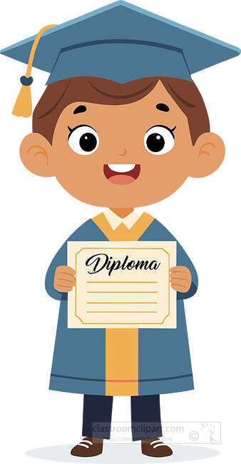 Smiling boy in a blue graduation gown and cap holding up a diploma certificate